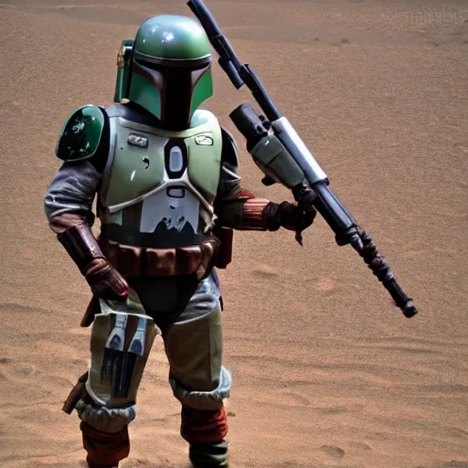 Prompt: Boba Fett in desert camo mandalorian armor and tacticool gear