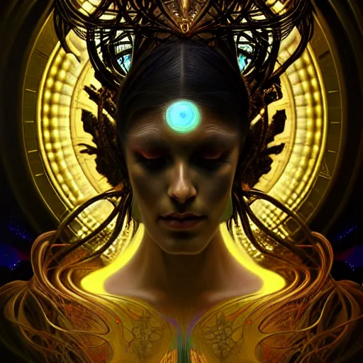 Prompt: extremely psychedelic beautiful cyborg god infected by night. intricate, elegant, highly detailed, extremely lifelike photorealistic digital painting, artstation. steichen, gaston bussiere, tom bagshaw, cyberpunk alphonse mucha. elegant minimalism. anatomically correct. sharp focus. black and gold. surreal lush cosmic hallucination