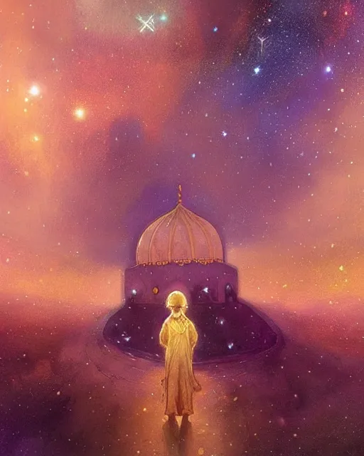 Image similar to bedouin child praying in galaxy walking towards mosque surrounded by nebula, highly detailed, gold filigree, romantic storybook fantasy, soft cinematic lighting, award, disney concept art watercolor illustration by mandy jurgens and alphonse mucha and alena aenami, pastel color palette, featured on artstation