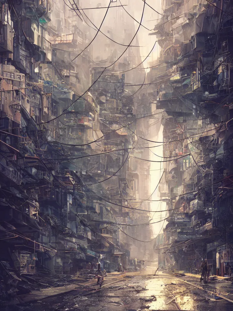 Image similar to futuristic diselpunk street, hanging cables, narrow, garbage on the ground. rain. fog, haze, evening. led screens. golden hour. volumetric lighting. cables on the ground. very messy. futuristic. photorealistic. artstation. anime. studio gimbli style