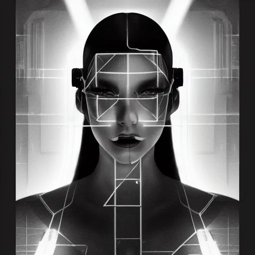Image similar to portrait of a cyberpunk art deco girl with a vectot grid of light falling on her face, sci-fi, intricate lighting, elegant noir, highly detailed, digital painting, studio portrait, artstation, sharp focus, photo by artgerm and greg rutkowski and Charlie Bowater, subsurface scattering:3, blur, bokeh, gray, jpeg artifacts:-2