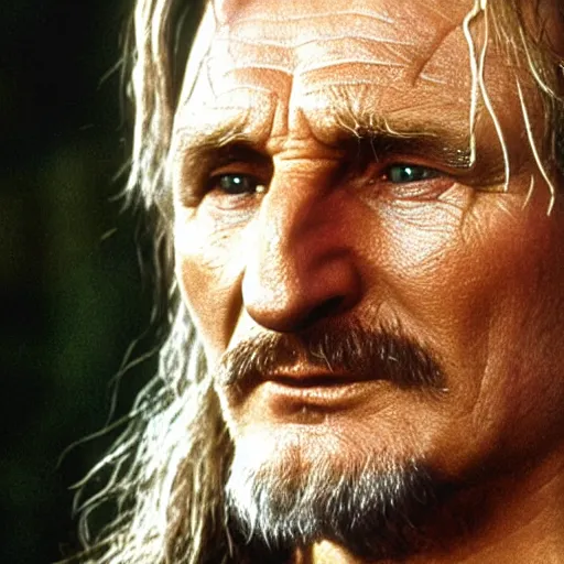 Image similar to Liam Neeson as Theoden, Lord of the Rings, film still, high detail