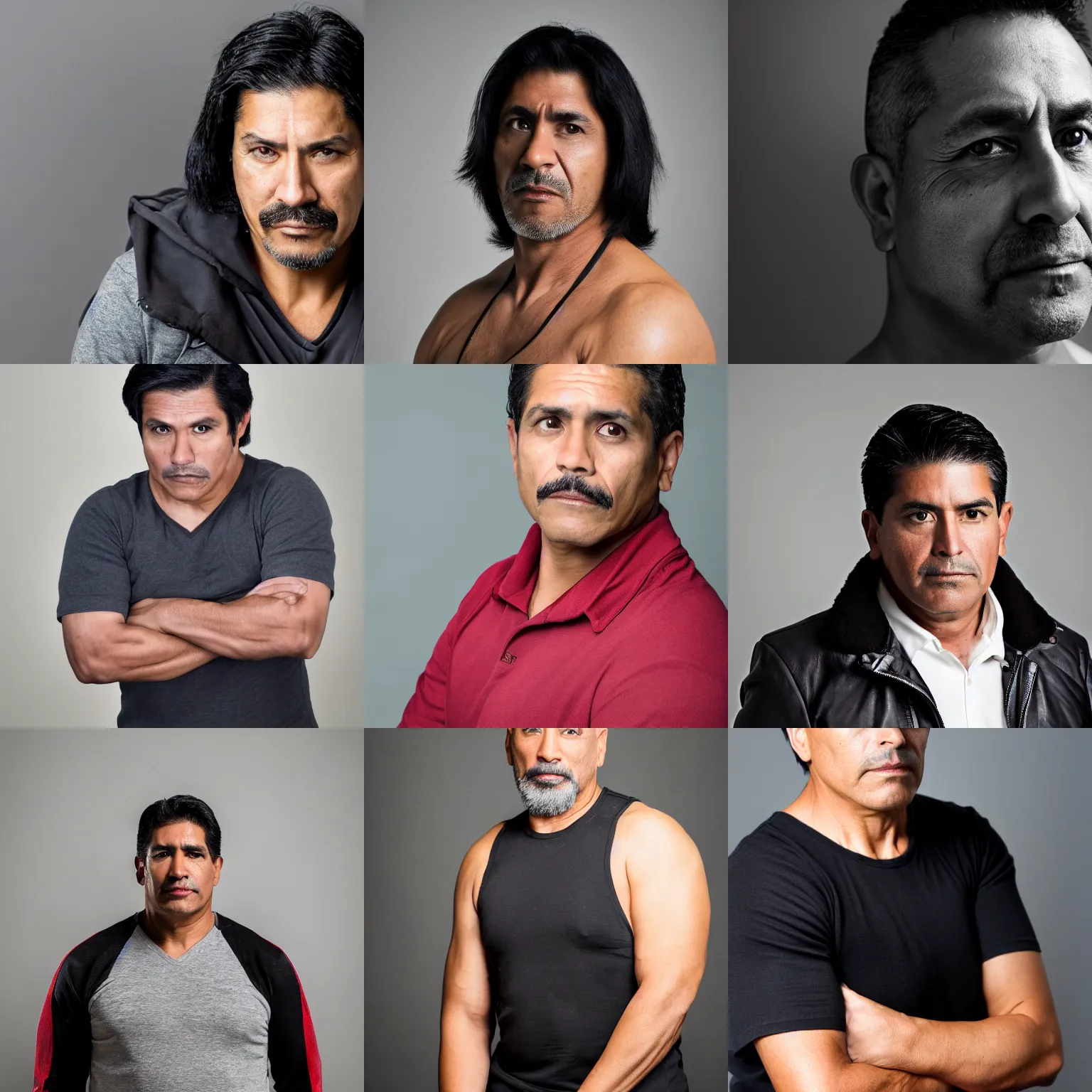 Prompt: a portrait photograph of athletic, commanding, dominant, 4 5 year old mexican american catalog male model, shoulder length black hair, portrait, canon 8 5 mm f 1. 2 photograph
