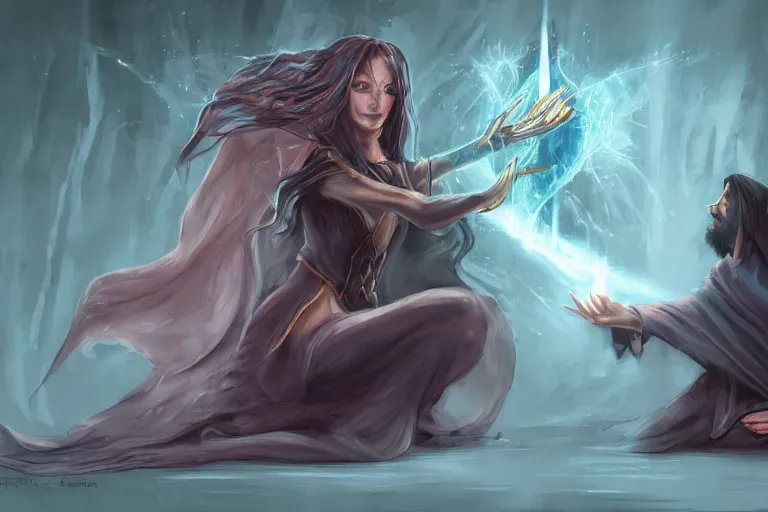 Prompt: the dark sorceress bestows her magic upon her disciple, which is kneeling in front of her, concept art, trending on artstatio HD