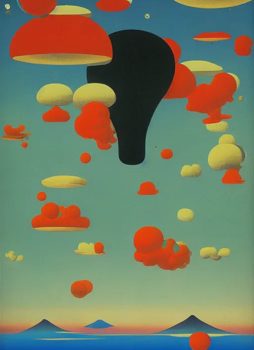 Image similar to Japan travel and tourism c2050, surrealist psychedelic painting in the style of Oxygene, Magritte, Roger Dean, Yoshio Awazu, vivid color