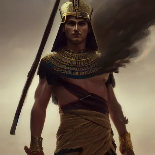 Image similar to a dramatic epic ethereal portrait of an ancient Egyptian soldier, full body with dynamic pose, male, detailed face, cinematic lighting, highly detailed oil on canvas painting by Greg Rutkowski, winning-award digital art trending on Artstation H 1024 W 832