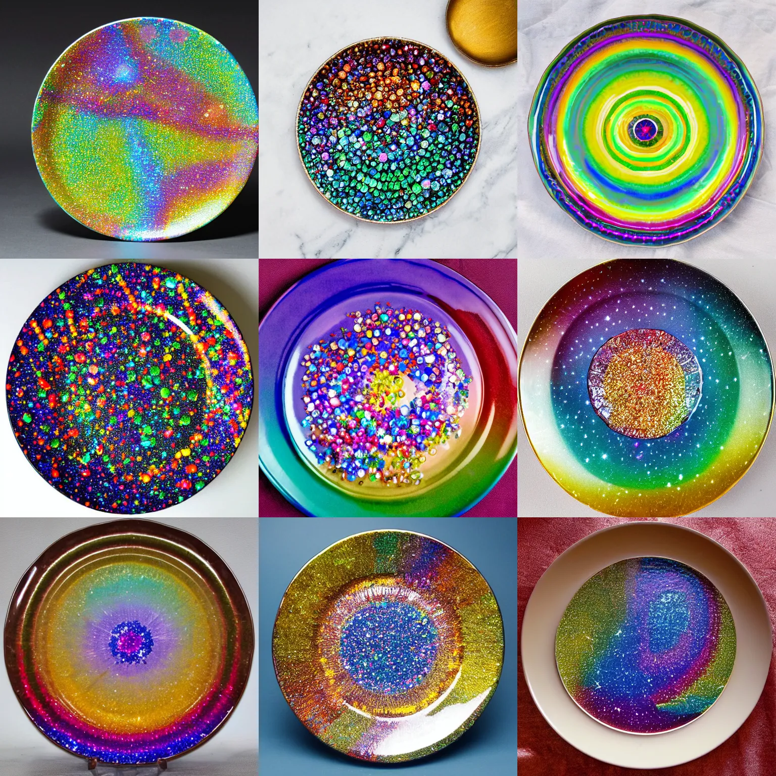 Prompt: plate with a pile of long rainbow crystals like on the planet krypton