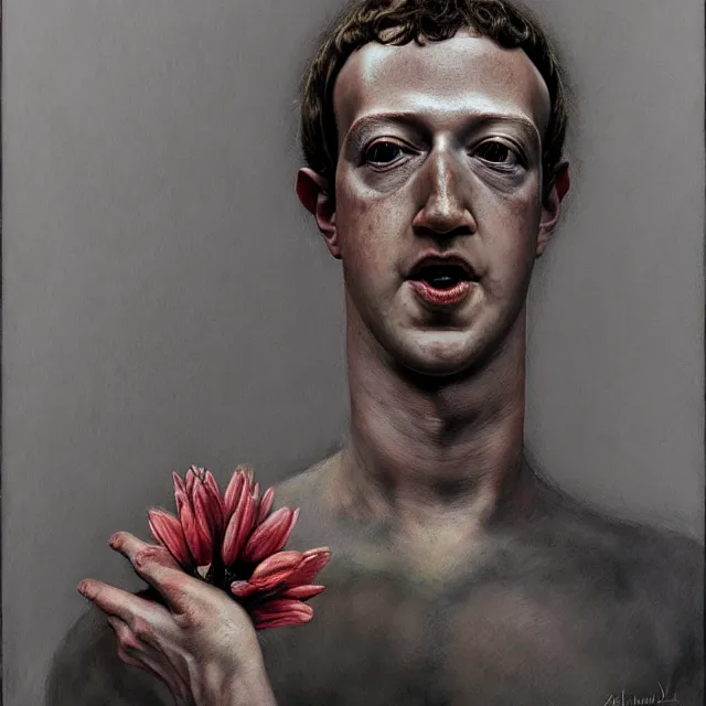 Image similar to mark zuckerberg holding a flower by hr giger and Zdzisław Beksiński, trending on artstation, realistic, detailed, concept art, horror, illustration, oil painting