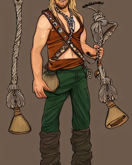 Image similar to a hippy male ranger, dnd, wearing a leather vest and white linen pants, puka shell necklace, long swept back blond hair, with a bongo drum and nunchuku, chiseled good looks, digital art