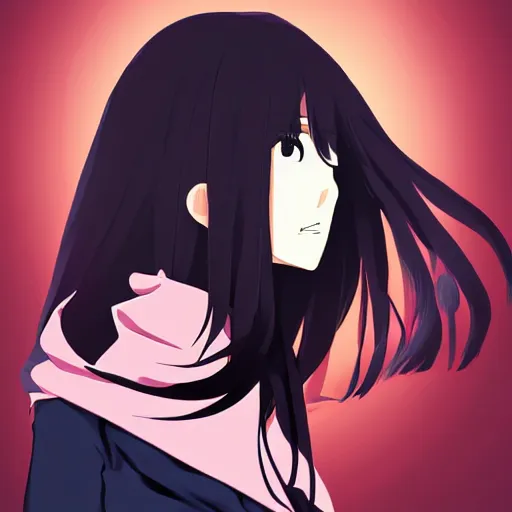 Image similar to portrait of a beautiful korean girl with very long hair and bangs, angular features, angry expression, wearing a black hoodie, in the style of studio trigger, extremely clean lines, anime and manga style