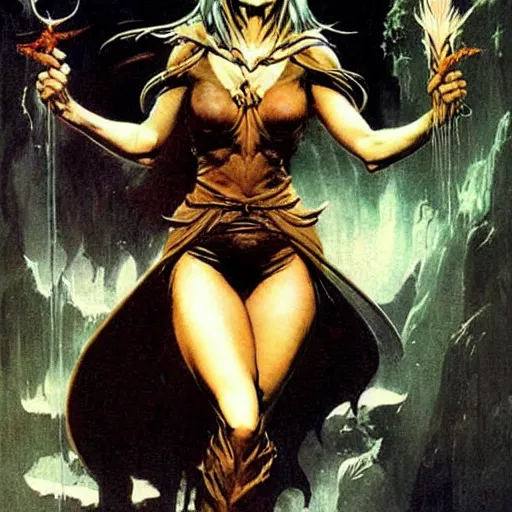 Image similar to sorceress by Frank Frazetta,fantasy artwork,beautiful,soft,high quality!!!!!,masterpiece!!!!