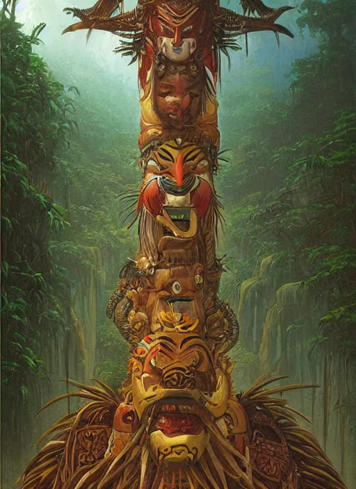 Image similar to a totem in the jungle representing amazonian shamanic tradition, tribal masks, totem, hyper detailed, art by christophe vacher