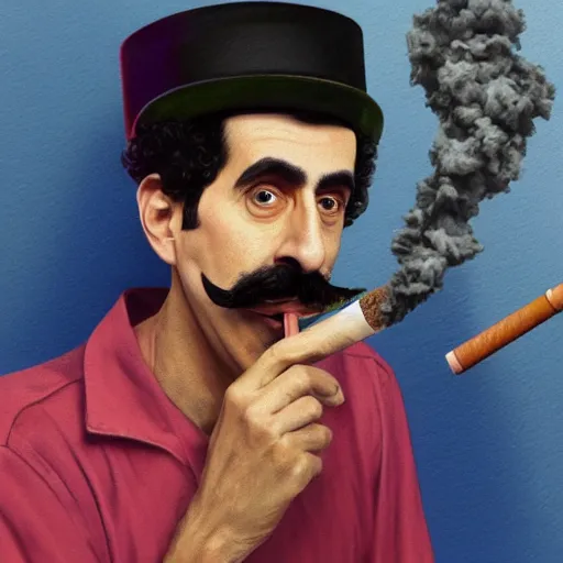 Image similar to A portrait of borat sagdiyev smoking a rolled marijuana joint, 8k, hyper realistic