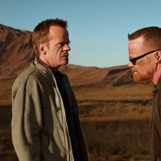 Prompt: movie still of Jack Bauer and Walter White arguing, 4k, golden hour, hyperdetailed