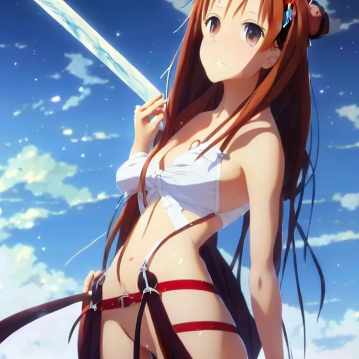 Image similar to beautifu photo of asuna from sao, asuna by a - 1 pictures, by greg rutkowski, gil elvgren, enoch bolles, glossy skin, pearlescent, anime, maxim magazine, very coherent