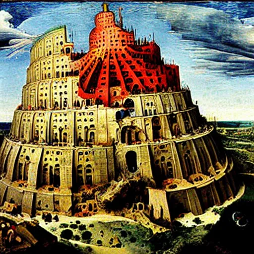 Image similar to The Tower of Babel by Bruegel, drawn by Salvador Dali