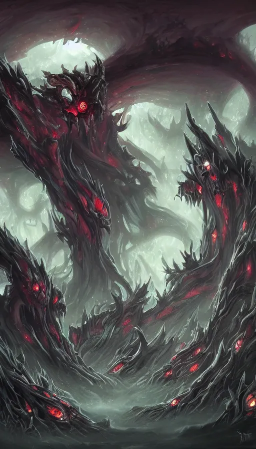 Image similar to a storm vortex made of many demonic eyes and teeth over a forest, by league of legends concept artists