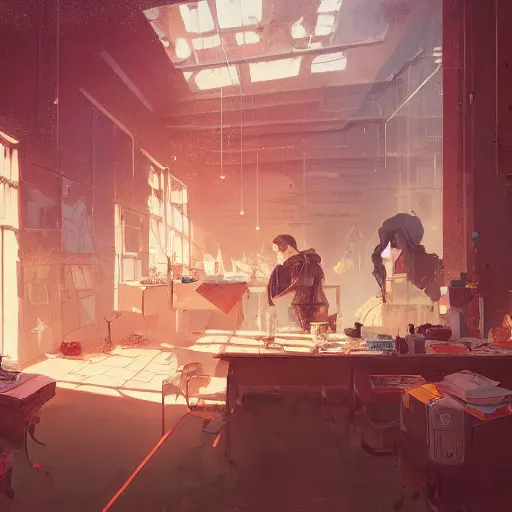 Prompt: chemical woekshop, in the room by victo ngai and ruan jia and greg rutkowski, trending on artstation, unreal engine, 4 k hd wallpaper
