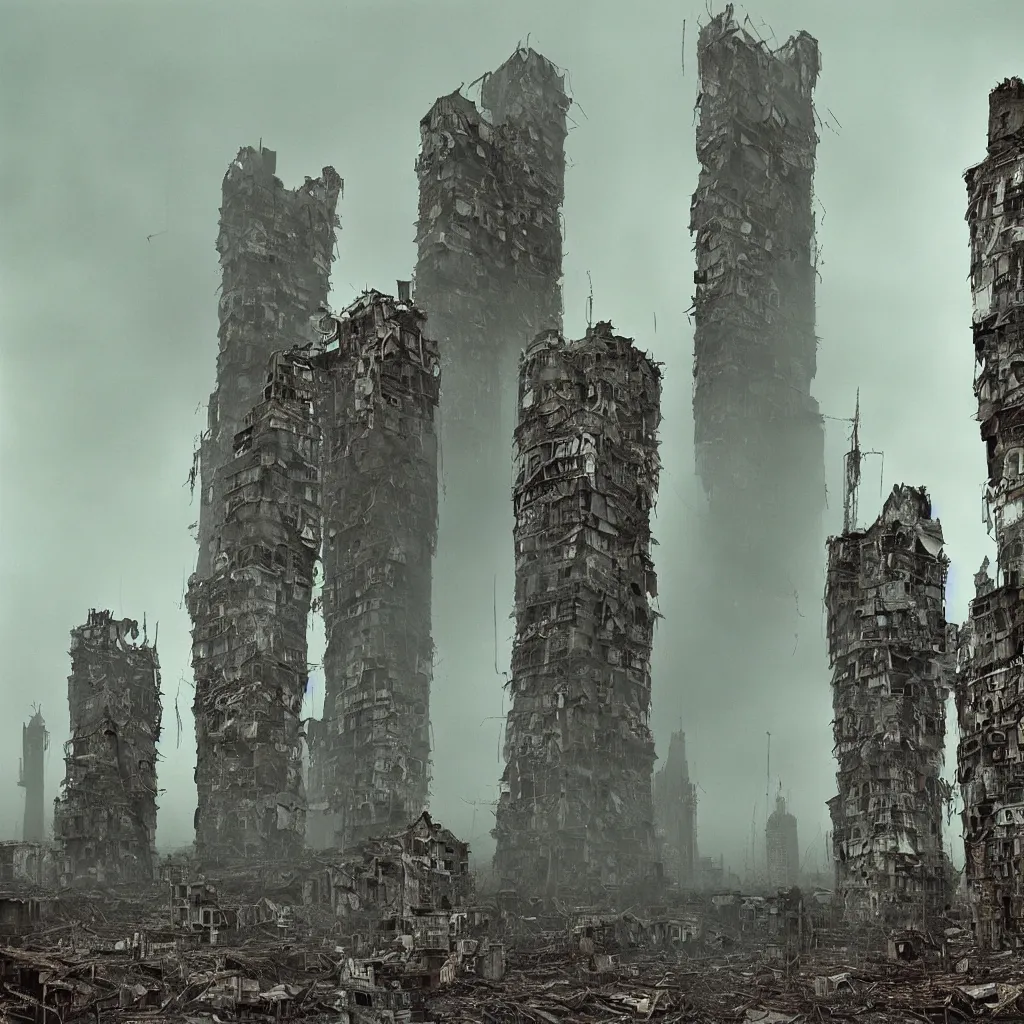 Image similar to tall towers, made up of makeshift squatter housing with faded colours, apocalyptic sky, misty, dystopia, mamiya rb 6 7, fully frontal view, ultra sharp, very detailed, photographed by terry gilliam