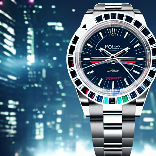 Image similar to Cyberpunk Rolex, hyperrealistic, in the style of Unreal Engine