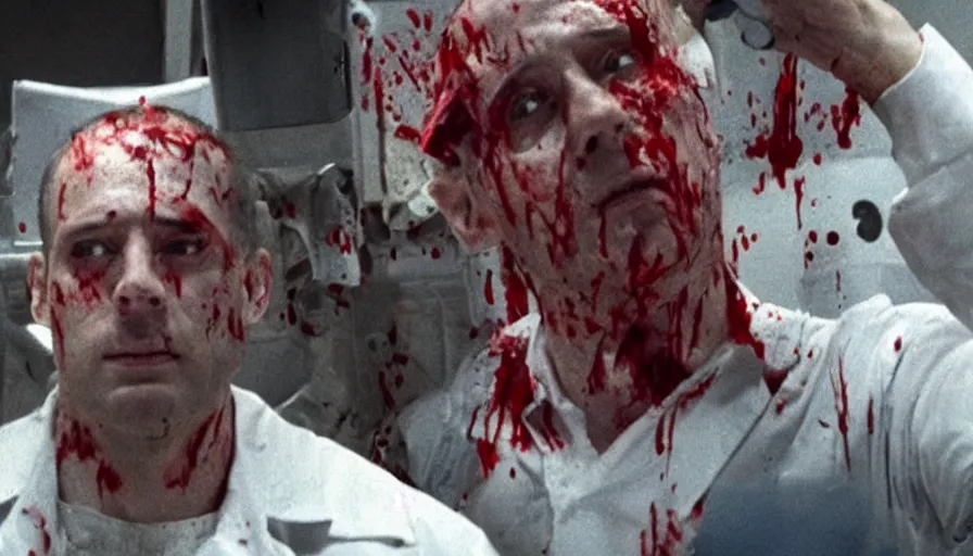 Image similar to big budget action movie about dead scientist's bloody head wound