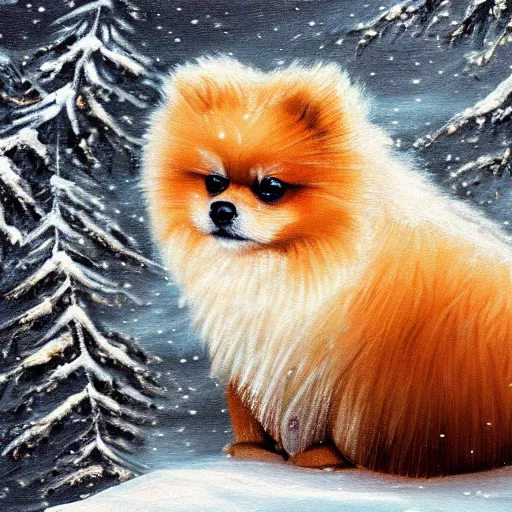 Image similar to cute fluffy pomeranian puppy sitting in snowy winter landscape detailed painting 4 k