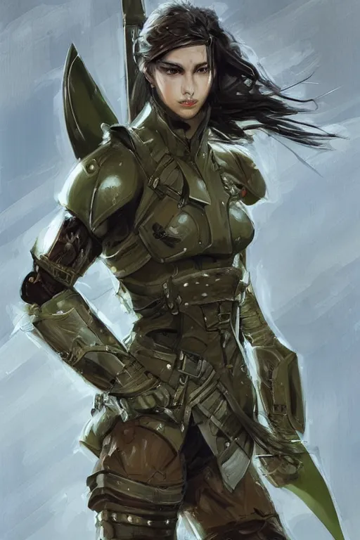 Image similar to a professional portrait of a young female warrior, clothed in military-style battle armor, olive skin, long dark hair, beautiful bone structure, symmetrical facial features, green eyes, intricate, elegant and graceful, digital painting, concept art, smooth, sharp focus, illustration, finely detailed, from Metal Gear by Ruan Jia and Mandy Jurgens and Artgerm and William-Adolphe Bouguerea, award winning art, trending on Artstation