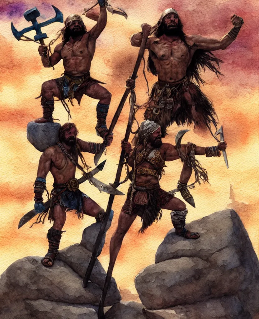 Prompt: randy savage with an anchor weapon slung over his shoulder and foot heroically on a boulder posing in desolate wasteland | fantasy watercolour painting | middle earth | conan | darksun | d & d dungeons and dragons | barbarian