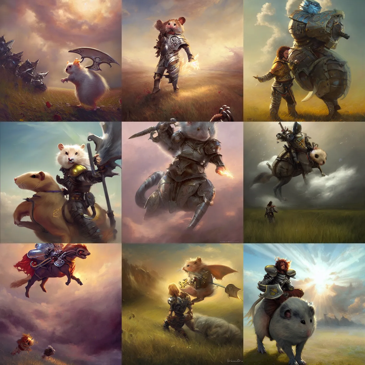 Prompt: Cloud Champion Hamster knight roaming the windswept field dave dorman edson campos christopher young jeff simpson allison carl hiro izawa paul chadeisson, epic fantasy, oil on canvas