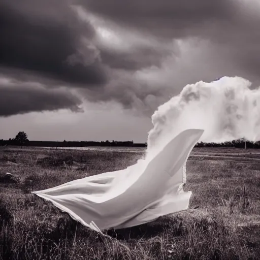 Image similar to an empty white trench coat falling from the sky. dramatic photograph. whispy clouds in the background.