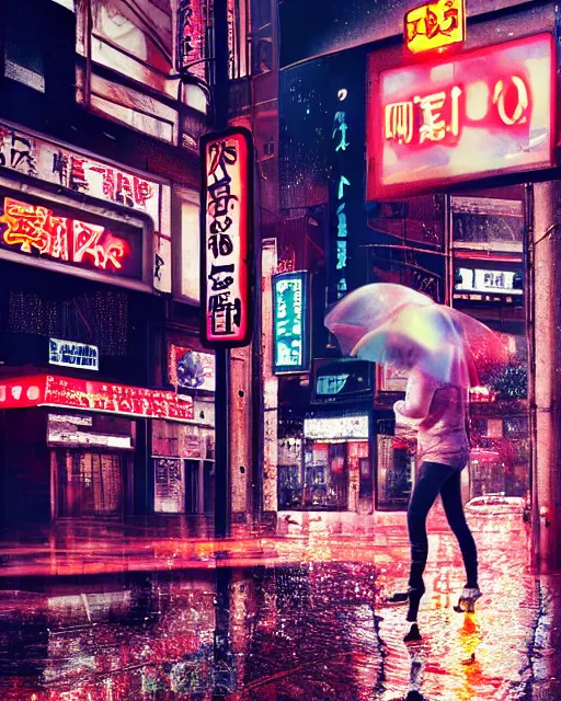 Image similar to realist digital painting of a tokyo street, night with neon signs as the main source of light, raining and lights reflecting off puddles on the street, a woman with an umbrella is walking away from us, unreal engine, hyper realism, realistic shading, cinematic composition, realistic render, octane render, detailed textures, photorealistic, ultrawide shot, 3 5 mm film