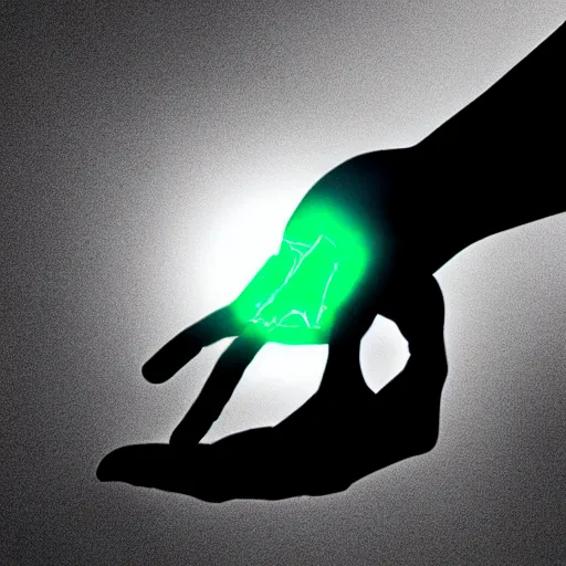 Image similar to an open hand facing up, a glowing shard of kryptonite is floating above the palm of the hand, pitch dark room