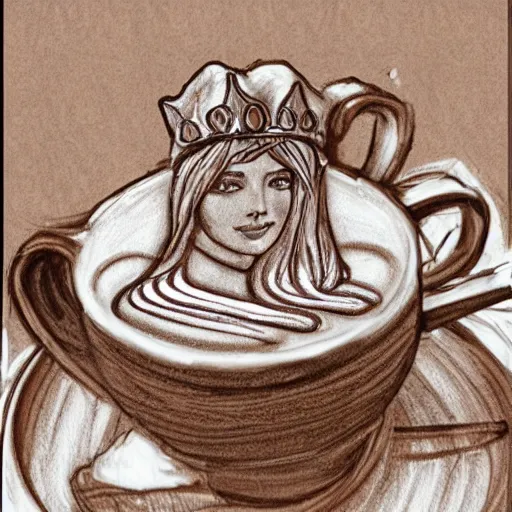 Image similar to mucha mocha latte barrista creamer art drawing of a royal princess on the top of the cappucinno froth