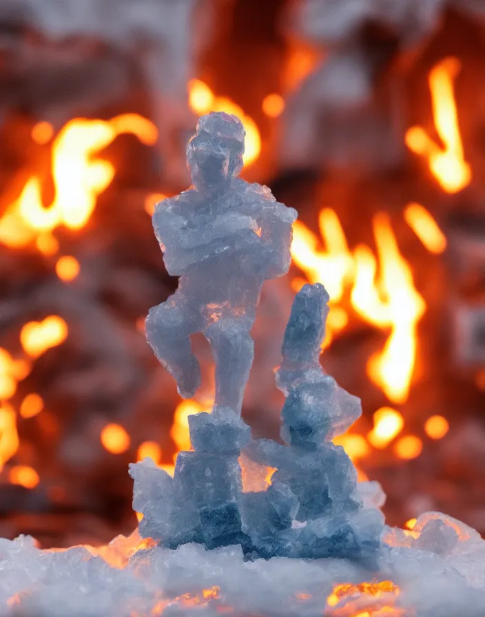 Prompt: mini version of iceman, sitting in a room filled with fire, cinematic, award-winning, 8k, hyperrealistic