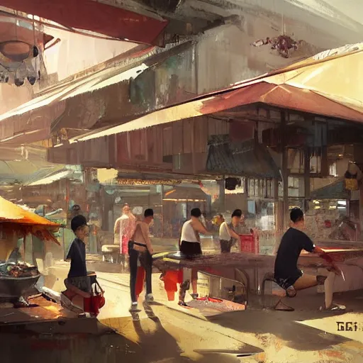 Image similar to concept art a singaporean neighborhood hawker centre, by greg rutkowski