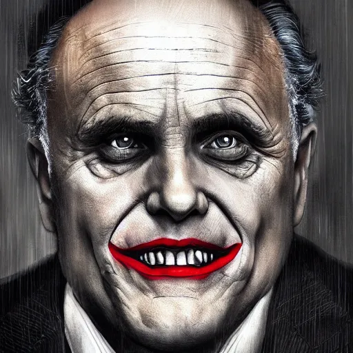 Prompt: Rudy Giuliani as The Joker in Christopher Nolan\'s The Dark Knight, cinematic movie poster, elegant, intricate, headshot, highly detailed, digital painting, artstation, concept art, sharp focus, illustration, art by artgerm and greg rutkowski and alphonse mucha