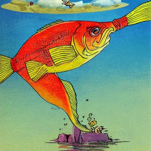 Image similar to a guffy looking fish jumping out of a beautiful lake with a funny day, in the style of Patrick woodroffe