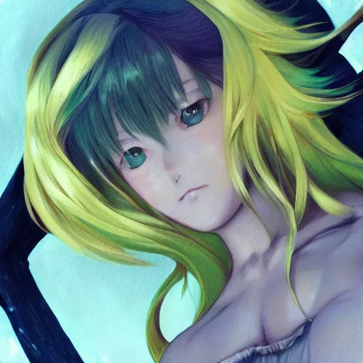 Prompt: A Beautiful Anime girl with Green hair and Yellow eyes, detailed, looking at the camera annoyed, centered, digital painting, artstation, concept art, donato giancola, Joseph Christian Leyendecker, WLOP, Boris Vallejo, Breathtaking, 8k resolution, extremely detailed, beautiful, establishing shot, artistic, hyperrealistic, beautiful face, octane render, cinematic lighting, dramatic lighting, masterpiece