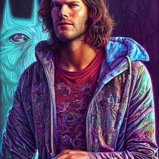 Image similar to portrait of jared padalecki, hyper detailed masterpiece, neon floral pattern, jean giraud, digital art painting, darkwave goth aesthetic, psychedelic, artgerm, donato giancola and tom bagshaw