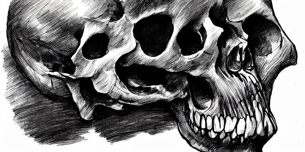 Prompt: ink lineart drawing of a screaming skull on a white background, crosshatch, chinese brush pen illustration, high contrast, deep black tones, contour