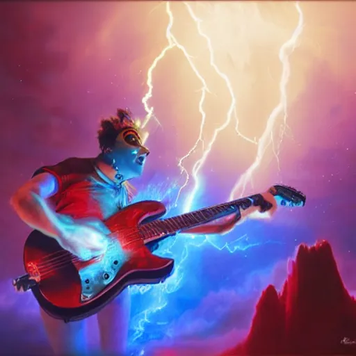 Image similar to UHD closeup of a Photorealistic cosmic clown playing sparking electric guitar in a lightning storm on Mars, with a cool pose, by Antonio Caparo and Ferdinand Knab and Greg Rutkowski, UHD, photorealistic, trending on artstation, trending on deviantart