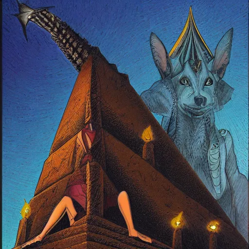 Prompt: Anubis at the top of a pyramid, fisheye lens, gerald brom