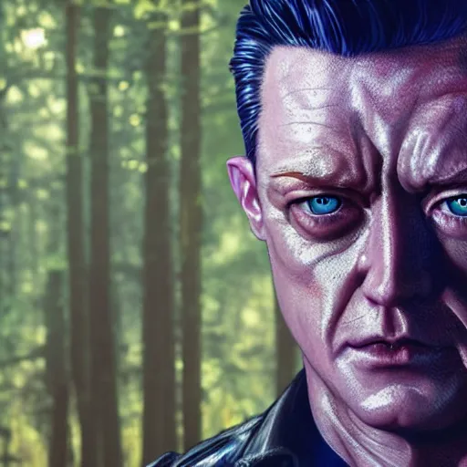 Prompt: A hyper real comic book style portait painting of T-1000 in the woods, unreal 5, hyperrealistic, octane render, cosplay, RPG portrait, dynamic lighting