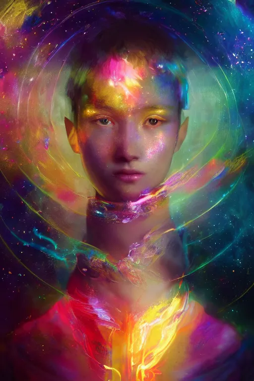 Image similar to a fancy portrait of young celestial child in a colourful portal to another dimension by greg rutkowski, sung choi, mitchell mohrhauser, maciej kuciara, johnson ting, maxim verehin, peter konig, bloodborne, 8 k photorealistic, cinematic lighting, hd, high details, dramatic, dark atmosphere, trending on artstation