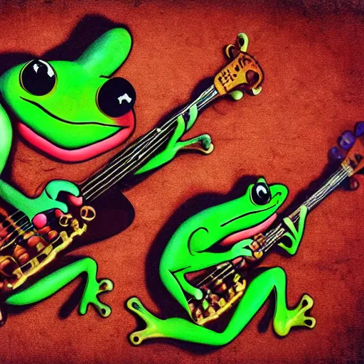 Image similar to 3 frogs playing instruments in a band, high-definition photograph