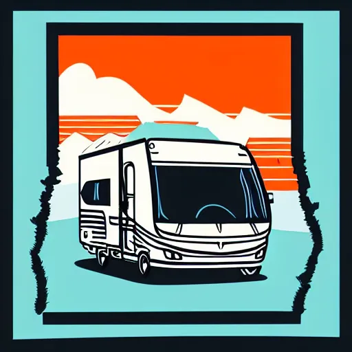 Prompt: stylized line art graphic of a white and black cute thor chateau! motorhome camper!!, mountains, colorful sunset!!, line art by tom whalen