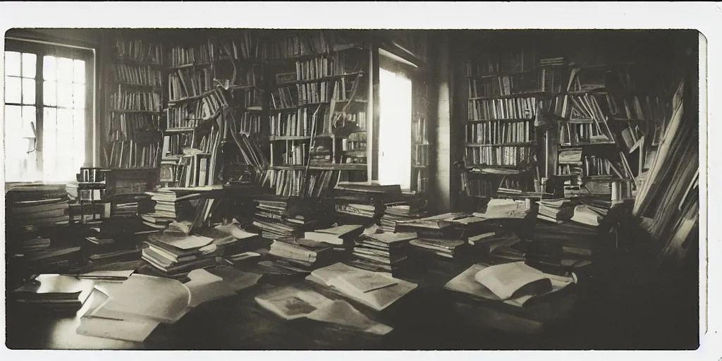 Prompt: 1880, inside a writer room, many books, piles of books, beautiful light, long shadows, 50 mm lens, polaroid photo, yellowed, crackles, scratches, dust, stains