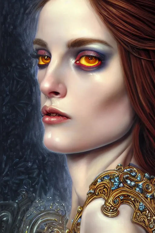 Image similar to high quality extremely detailed closeup portrait of a young attractive female necromancer looking away from the camera, dressed, realistic eyes, sparkle in eyes, no hands visible, baroque architecture in background, fantasy, d & d, intricate, painting by lucian freud and mark brooks, hd