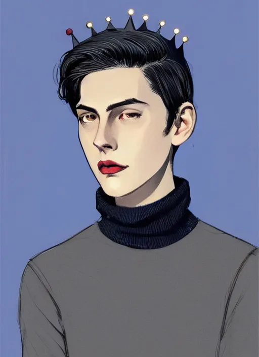 Image similar to portrait of teenage jughead jones wearing a light grey crown, crown, blue turtleneck, 1 9 5 0 s, closed eyes, photorealistic, black hair, glowing lighting, intricate, elegant, glowing lights, highly detailed, digital painting, artstation, concept art, smooth, sharp focus, illustration, art by wlop, mars ravelo and greg rutkowski