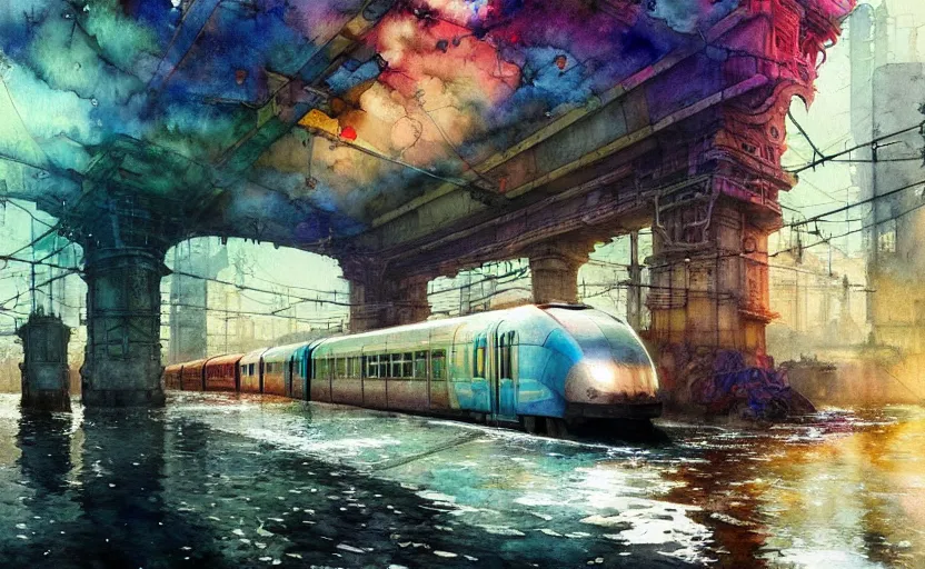 Image similar to an urban train rides inside of a waterway on a fantasy city. intricate, amazing composition, colorful watercolor, by ruan jia, by maxfield parrish, by marc simonetti, by hikari shimoda, by robert hubert, by zhang kechun, illustration, gloomy